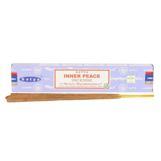 12 Packs of Inner Peace Incense Sticks by Satya in lavender packaging with incense stick displayed