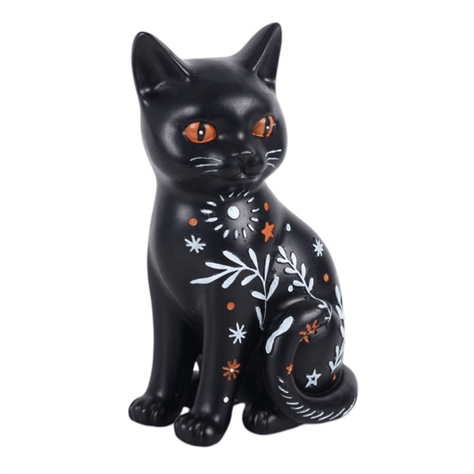 Frightful Folk black cat ornament, a decorative cat ornament with floral and nature details for autumn home decor.