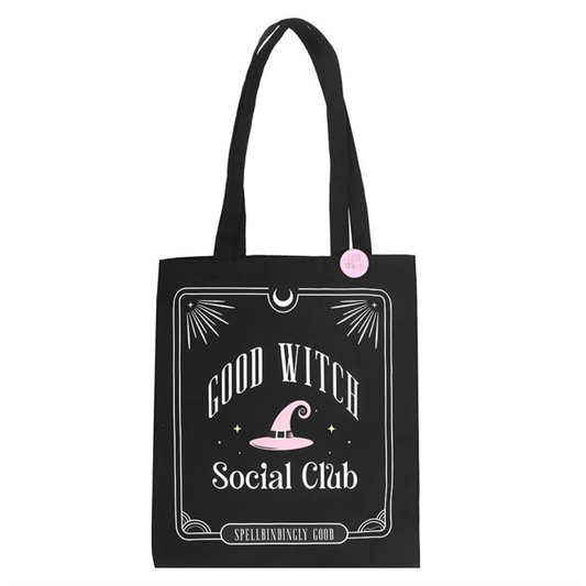 Black tote bag with 'Good Witch Social Club' design on a white background