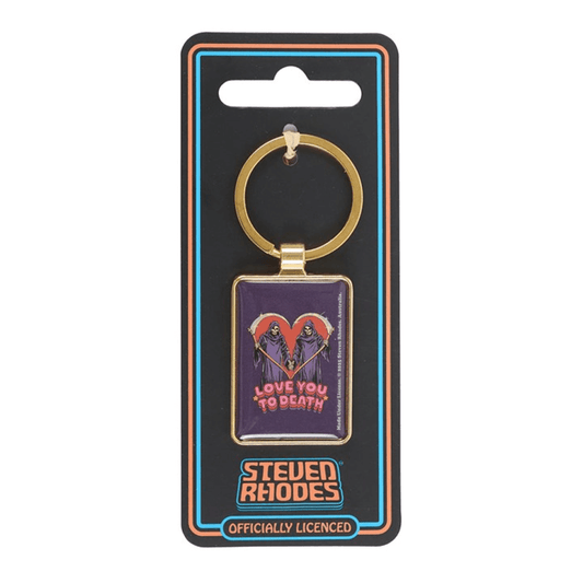 Keychain with 'Love You to Death' design on a black card with 'Steven Rhodes' branding.