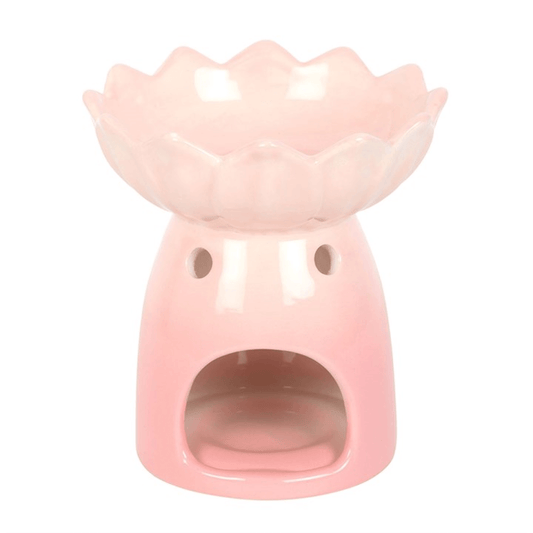 Pink ceramic oil burner with lotus design on a white background