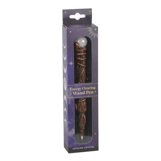 Energy clearing wand pen in packaging with purple and black design