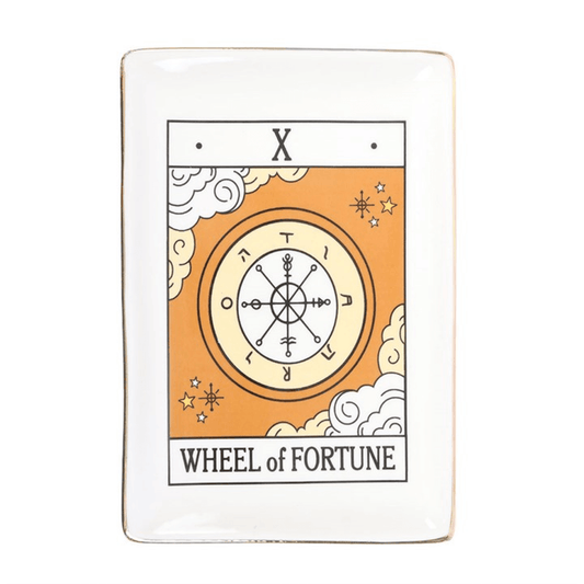 Tarot card featuring the 'Wheel of Fortune' with an orange background and white border.