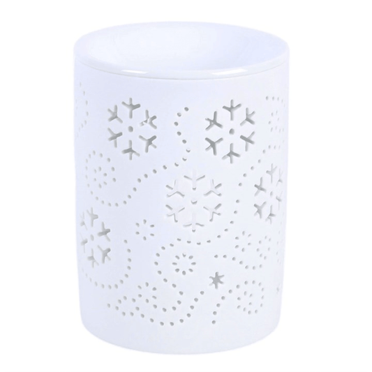 White snowflake cut out wax warmer, perfect for seasonal home fragrance and winter displays.