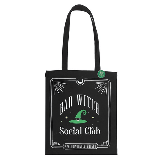 Black tote bag with 'Bad Witch Social Club' design featuring a green witch hat on a white background