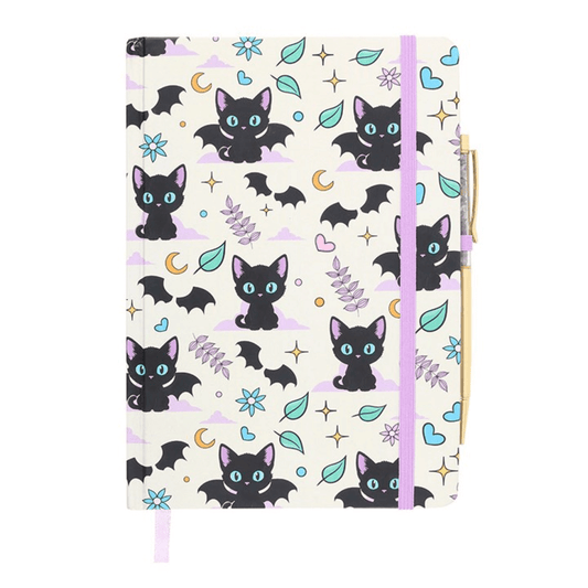 Notebook with black cat and bat pattern on a white background