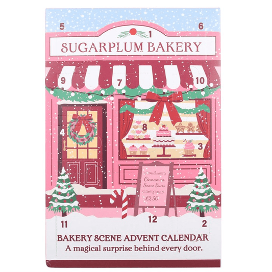 12-Day Sugarplum Bakery Scene Advent Calendar featuring bakery shopfront and festive decorations.