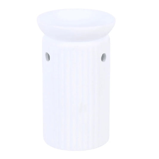 Ribbed Column Oil Burner in white ceramic, perfect for home fragrance display and gifts.