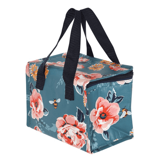 Floral-patterned cooler bag with black straps on a white background