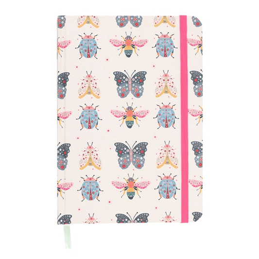 Notebook with butterfly and bee pattern on a white background