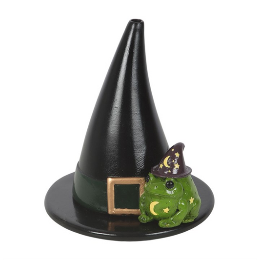 Incense cone holder featuring a witch hat design and a cute toad companion for magical decor.