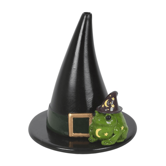 Incense cone holder featuring a witch hat design and a cute toad companion for magical decor.