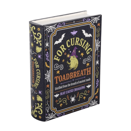 Toadbreath spell book shaped storage box ideal for Halloween decor and witchy themes, perfect for storing small items.