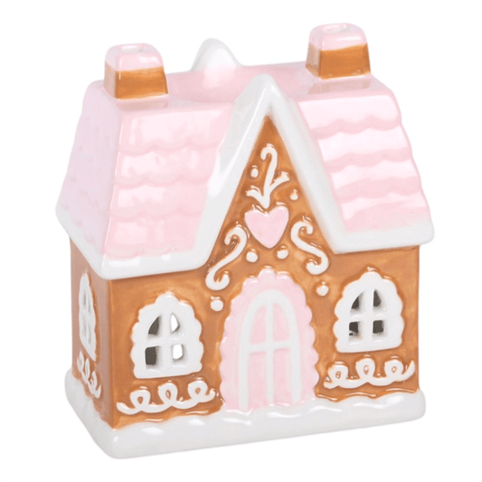 Sugarplum Gingerbread House Oil Burner and Wax Warmer decorated in pastel colors.