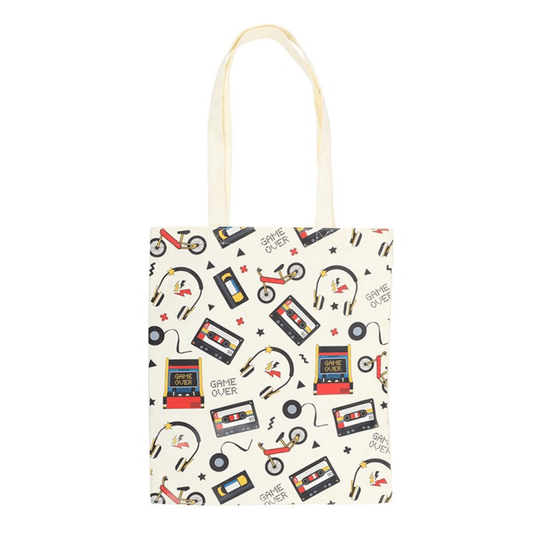 Tote bag with retro-themed design on a white background
