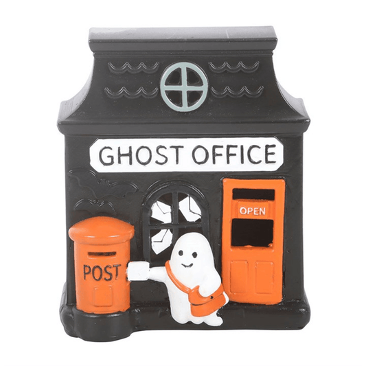 Ghost Office LED Light Up Decoration with glowing windows and cheerful ghost, perfect for Halloween displays.