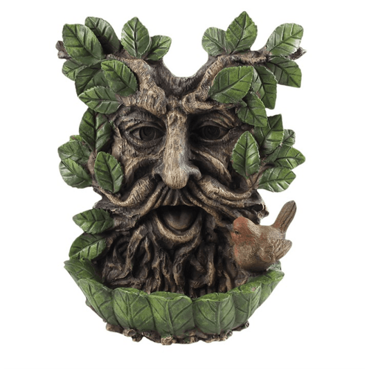 Green Man Wall Bird Bath with leafy green details and a perched bird, perfect for garden and outdoor walls.