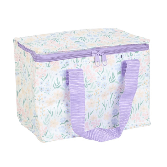 Storage box with floral pattern and purple handles on a white background