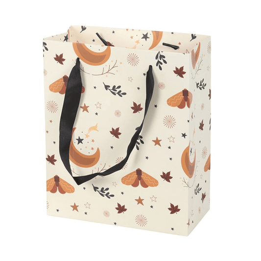 Gift bag with moth and floral pattern on a white background