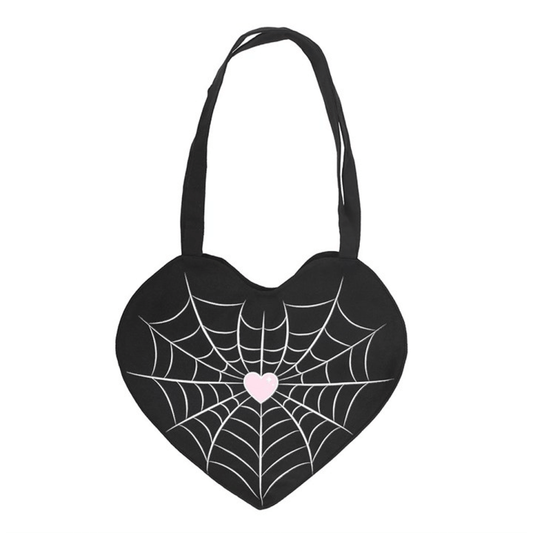 Heart-shaped bag with spider web design and pink heart on a white background