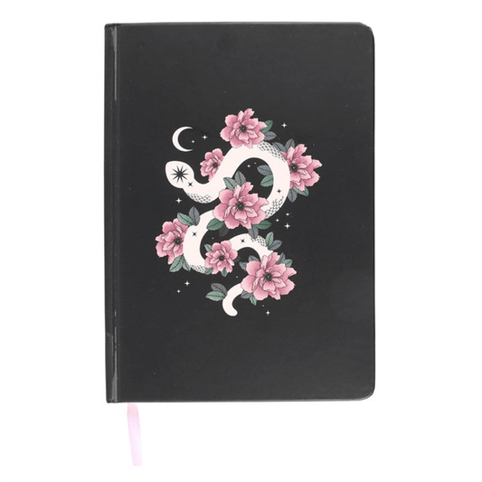Black notebook with a snake and floral design on a white background
