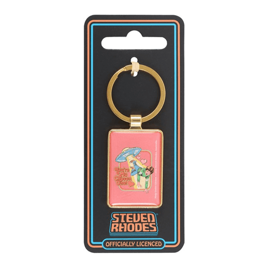 Keychain with a cartoon character design on a black card with 'Steven Rhodes' branding.