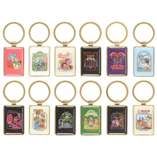 Collection of colorful keychains with various designs on a white background