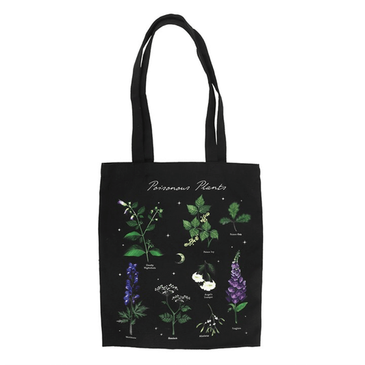 Black tote bag with illustrations of poisonous plants on a white background
