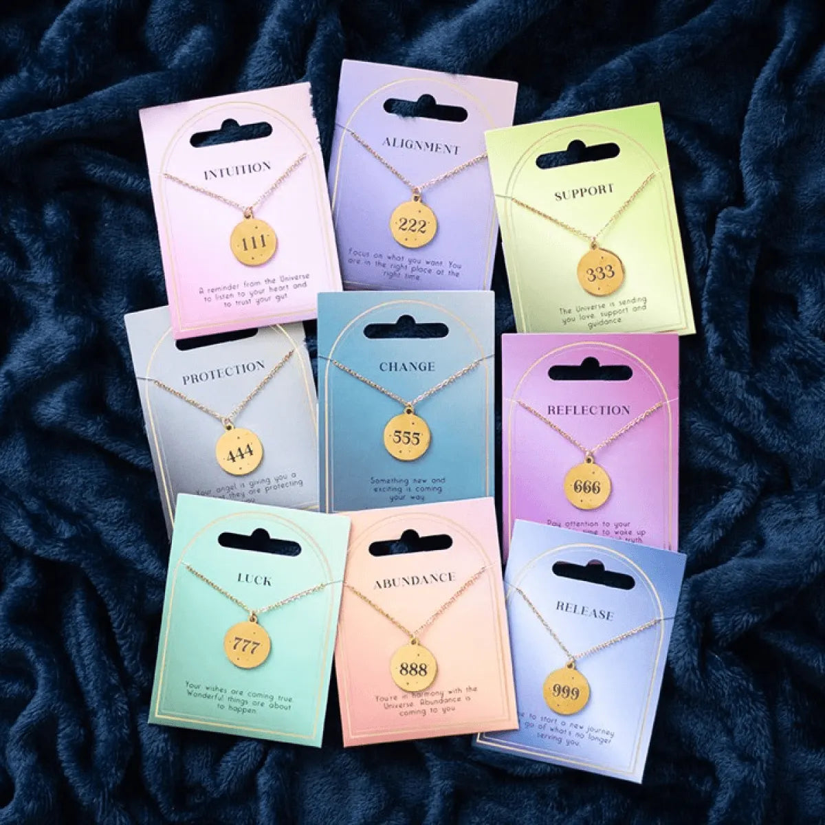 Collection of spiritual necklaces featuring angel numbers including 333 Angel Number Support Necklace.
