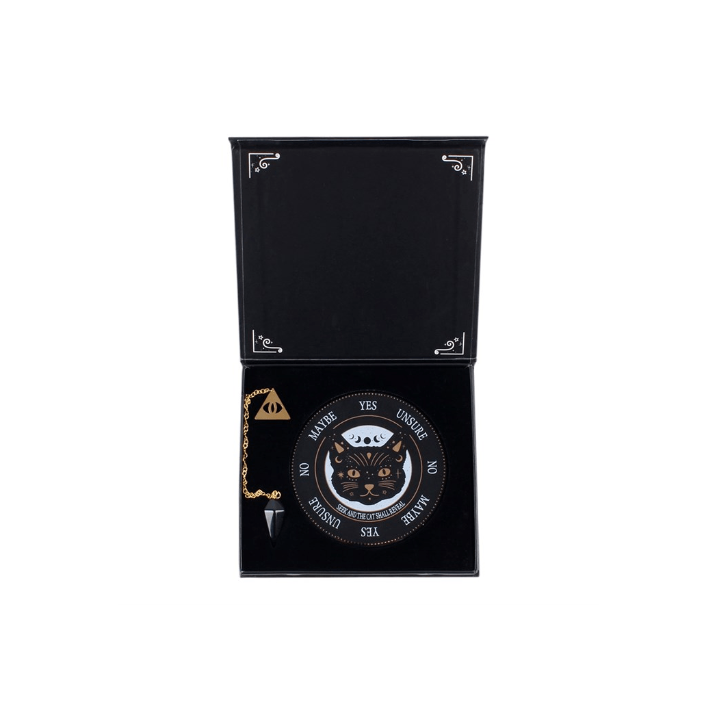 Pendulum divination kit featuring a black cat ceramic board and obsidian crystal pendulum in a gift box.