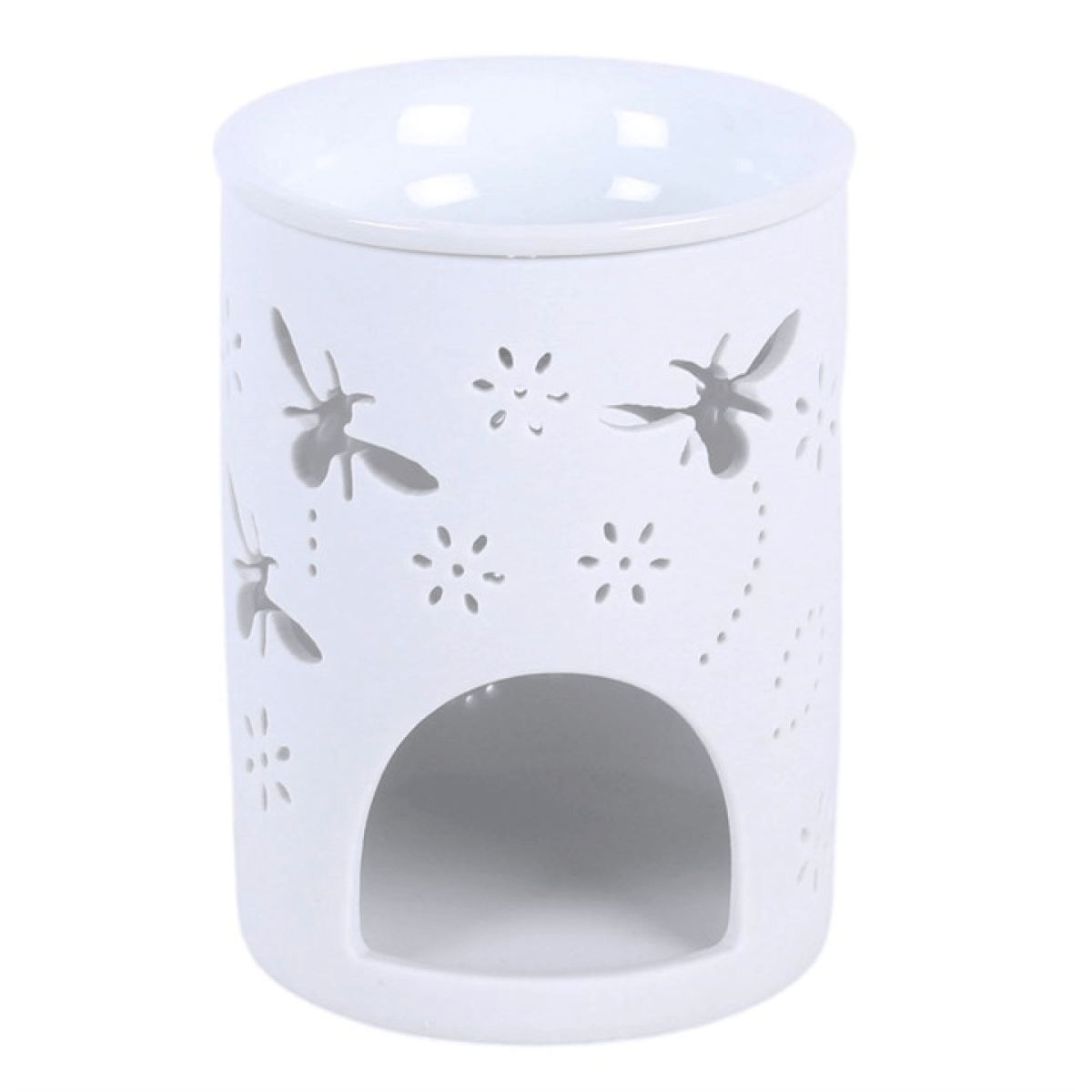 White ceramic oil burner with bee and flower cut out details for home fragrance.