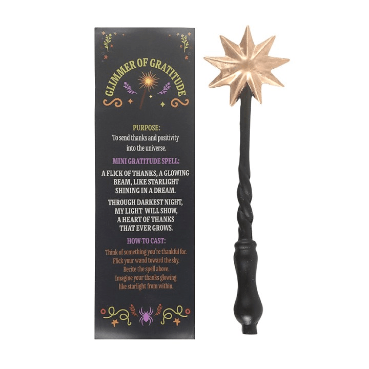 Mini Magic Wand in a Matchbox with spell scroll and instructions for sending gratitude and positivity.
