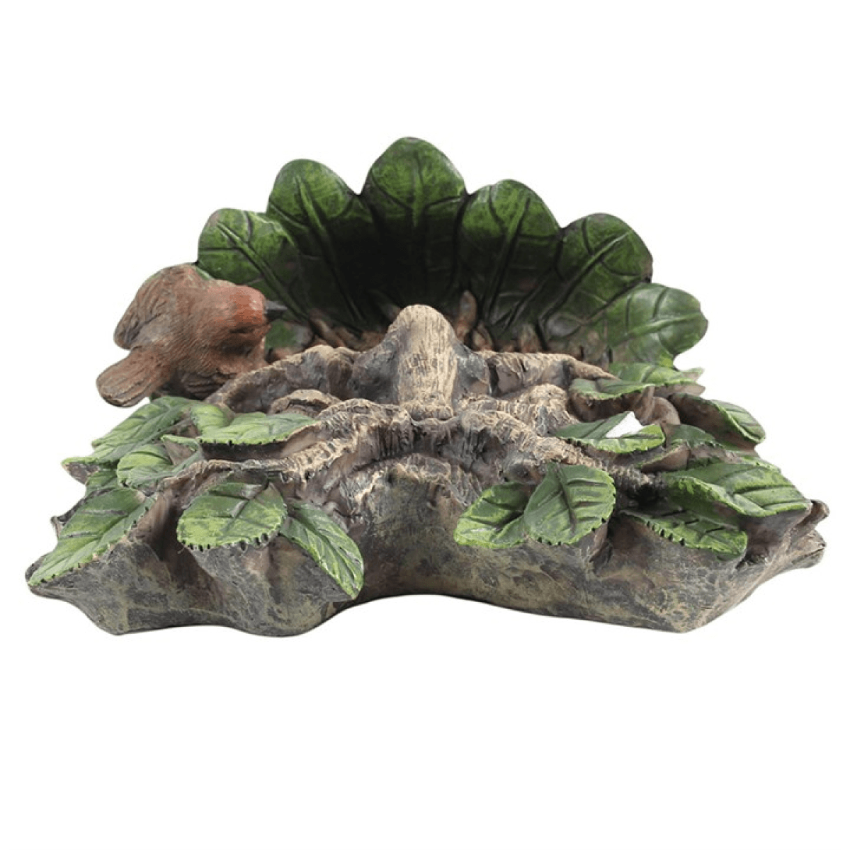 Green Man Wall Bird Bath with leafy details and a perched bird, perfect for adding charm to outdoor spaces.