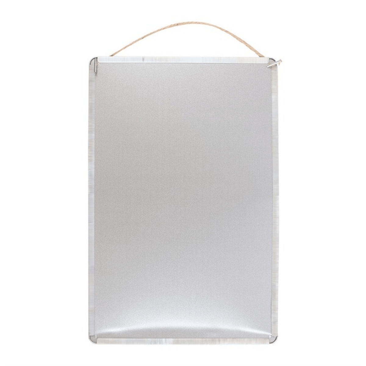 White rectangular hanging panel with a wooden handle on a white background