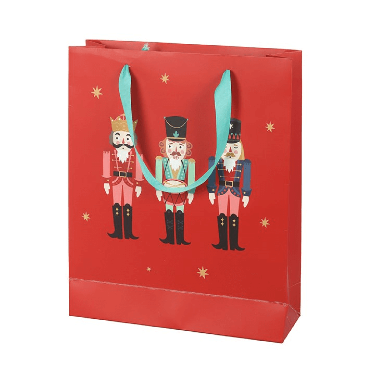 Red gift bag with nutcracker design and teal handles on a white background