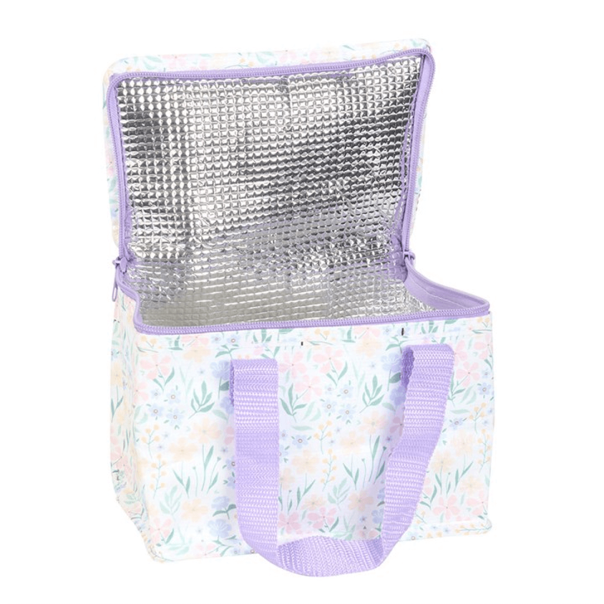 Insulated cooler bag with floral pattern and purple accents on a white background