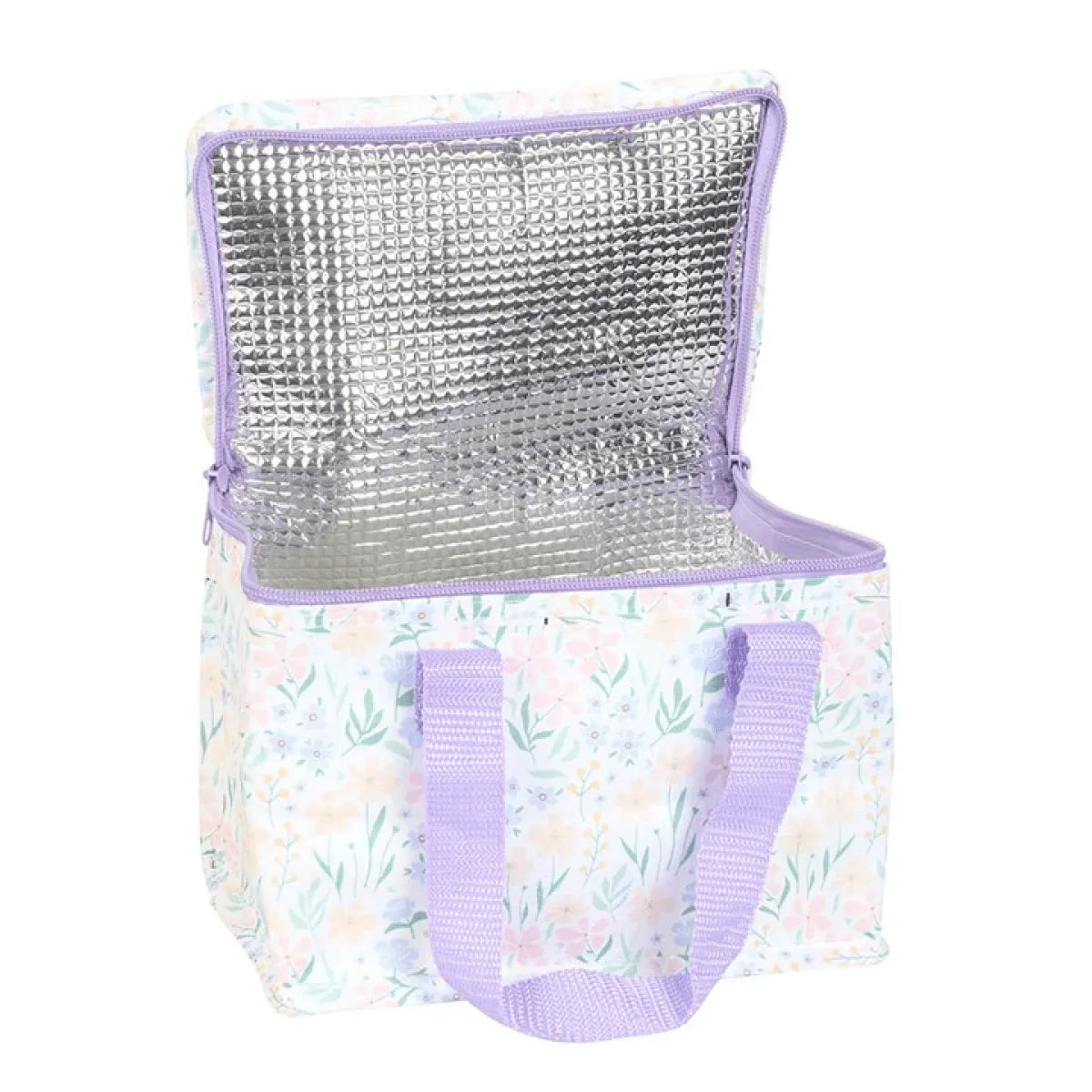 Insulated cooler bag with floral pattern and purple accents on a white background
