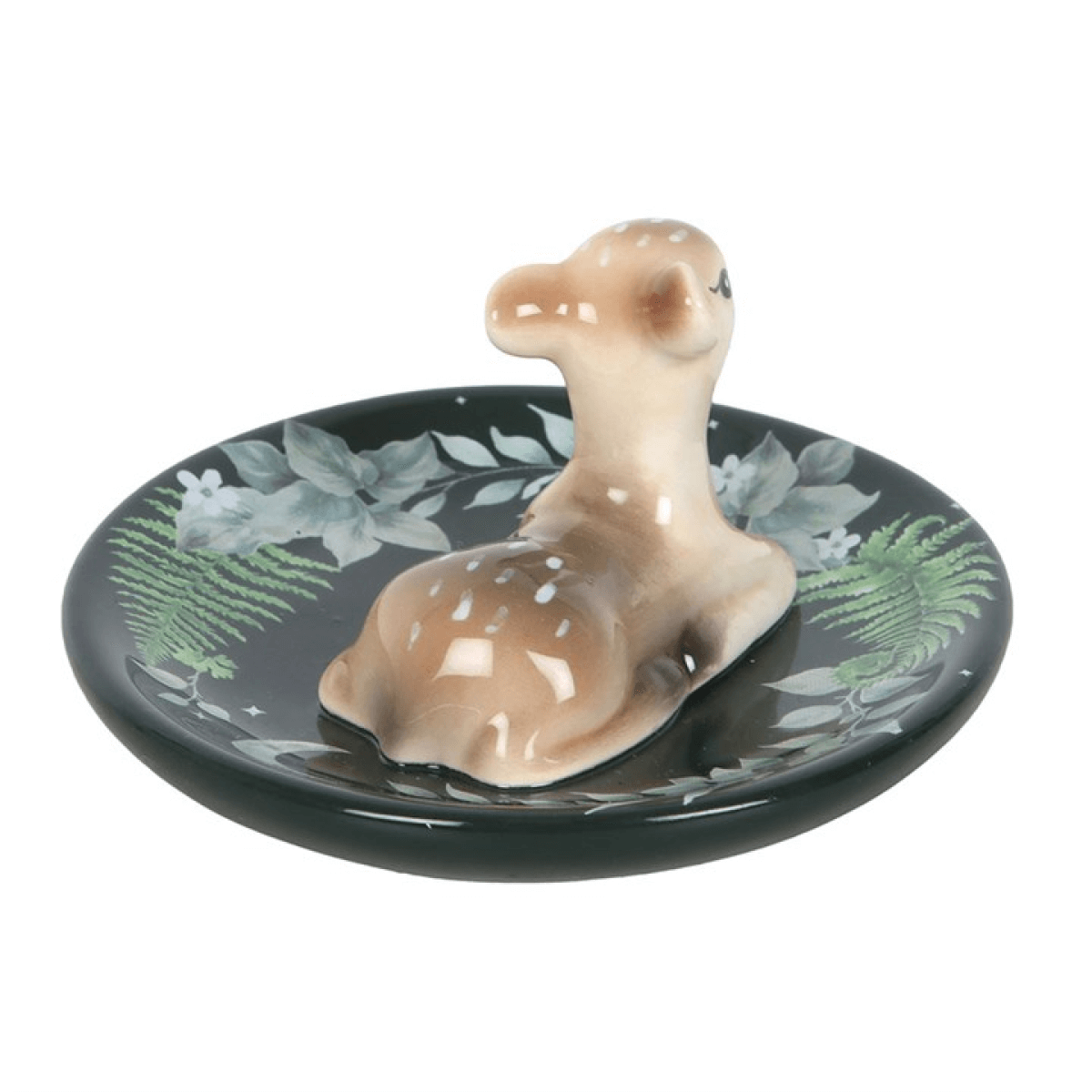 Deer-shaped trinket dish with floral design on a white background