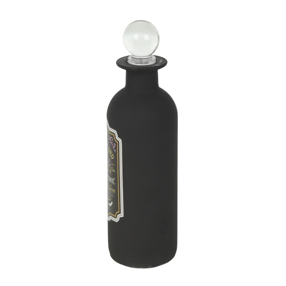 Black decorative glass potion bottle with clear stopper and mystical label design.