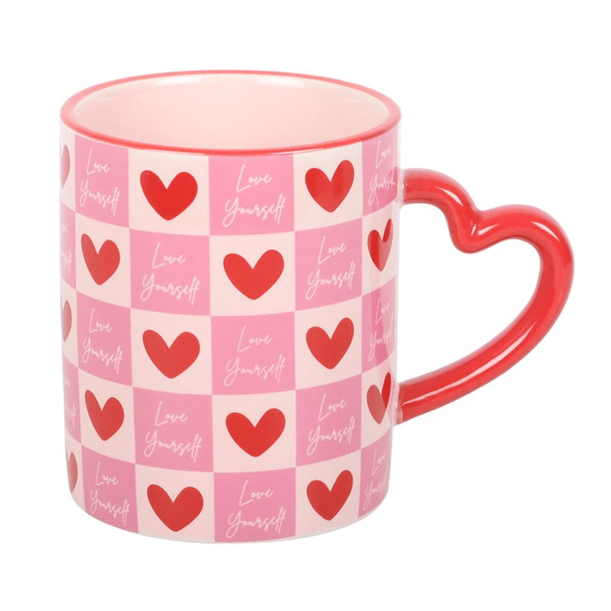 Love Yourself Checkered Mug with Heart Handle N/A
