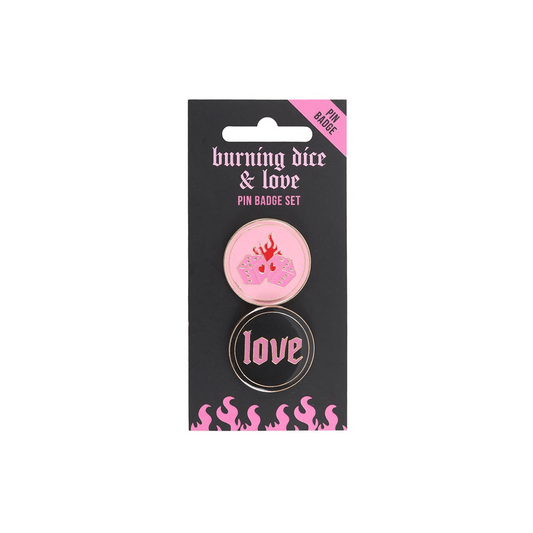 Flaming Dice and Love Pin Badge Set
