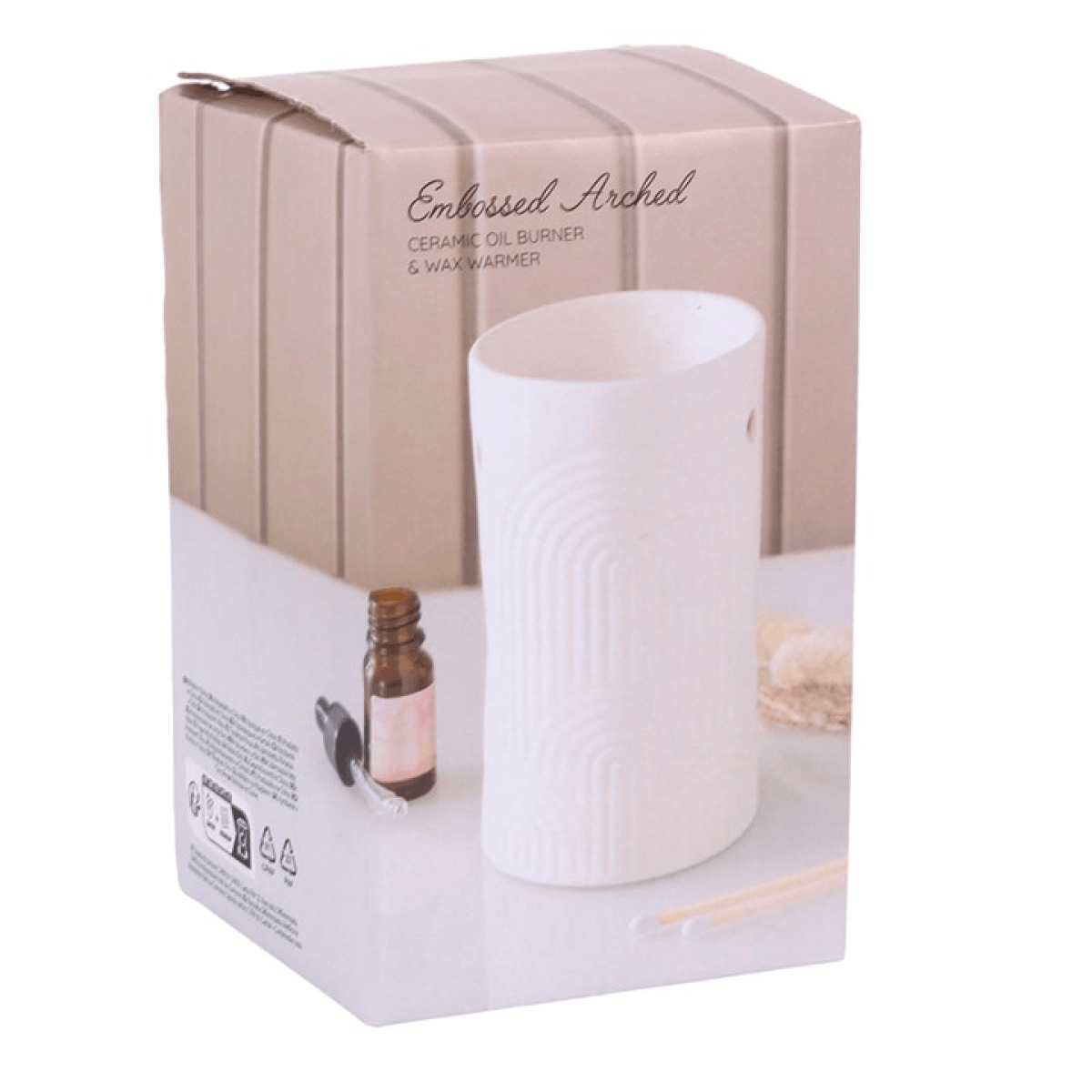 Embossed Arch ceramic oil burner and wax warmer packaging, showcasing contemporary design and home fragrance collection accessory.