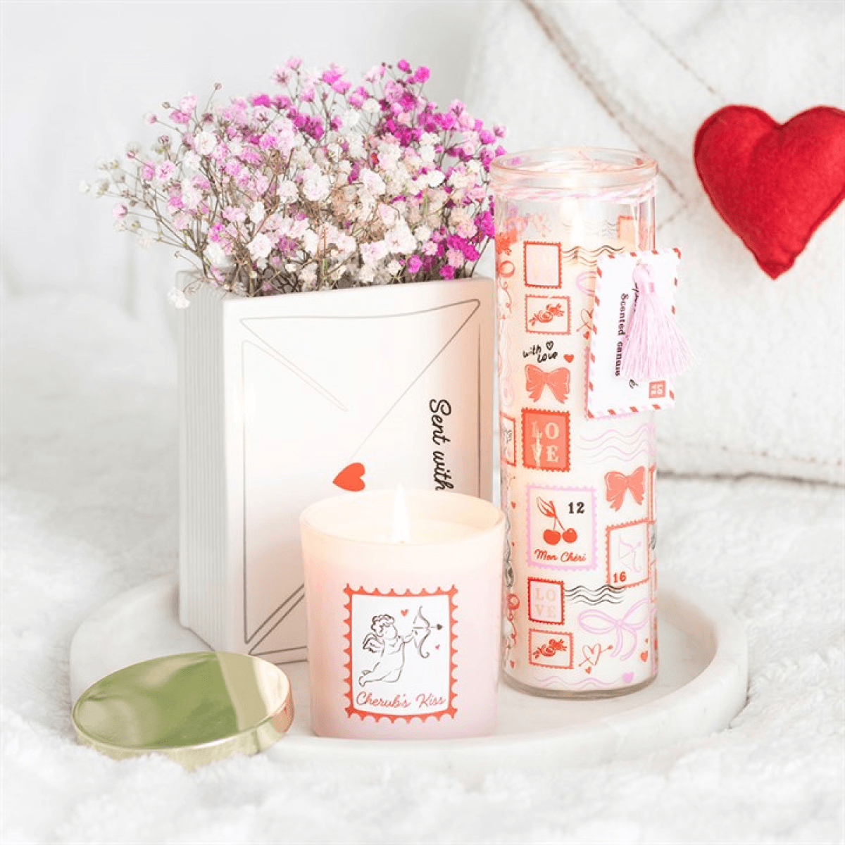 Valentine Postage Stamp Print Sparkling Rose Tube Candle N/A