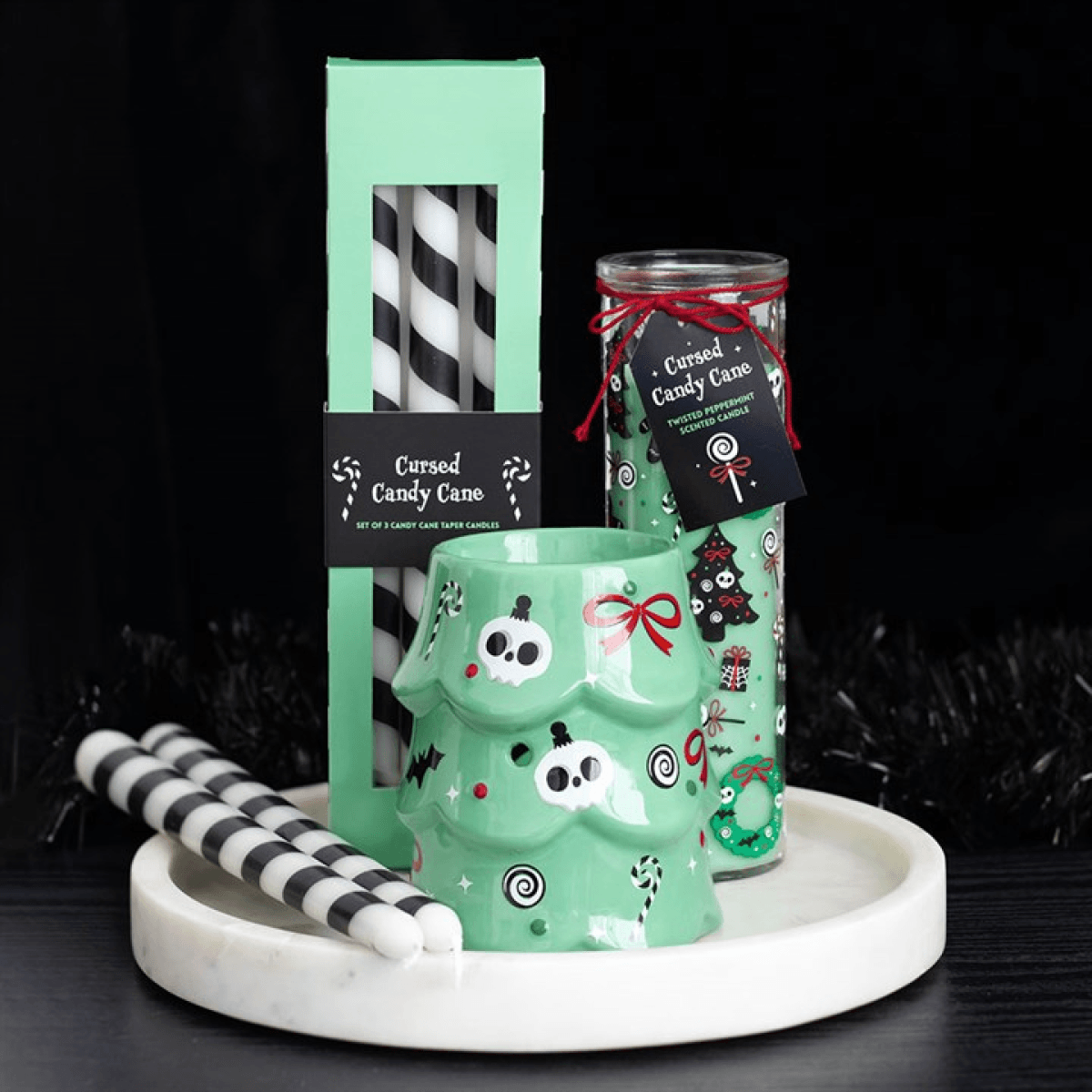 Set of 3 Black Candy Cane Taper Candles N/A