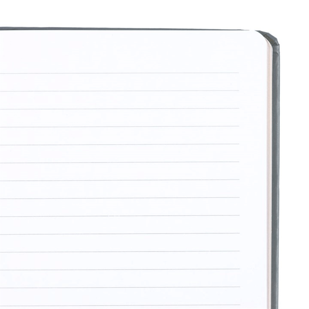 Close-up of a lined notebook page with a silver edge.