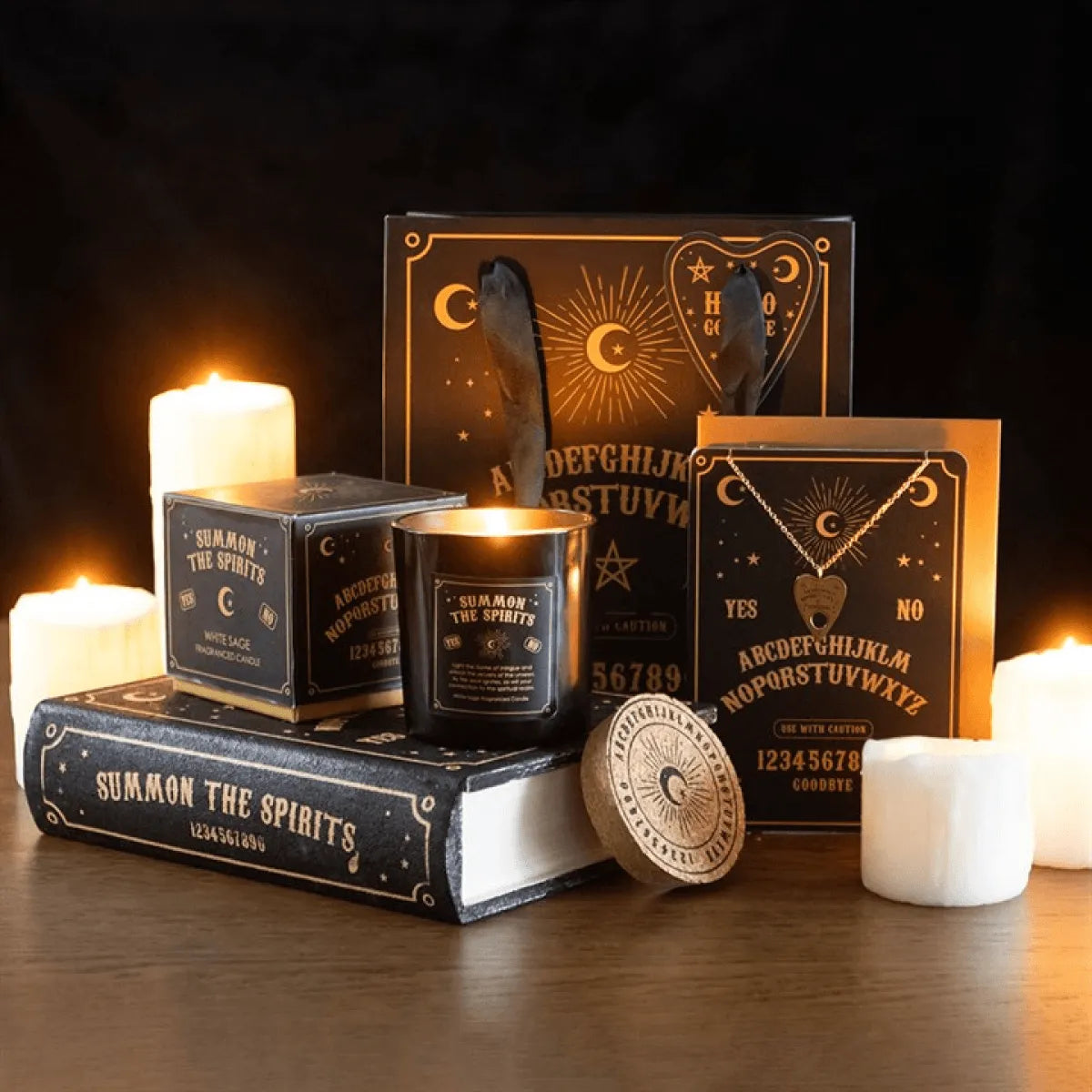 Black Talking Board Book Storage Box with candles and mystical designs, a stylish Book Storage Box for secret items.