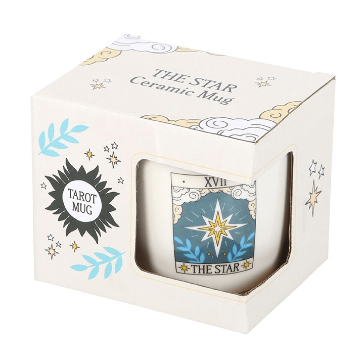 Ceramic mug with 'The Star' tarot card design in a decorative box.