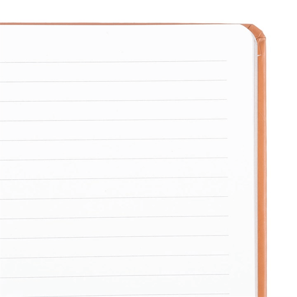 Notebook with lined pages and a copper-colored binding on a white background