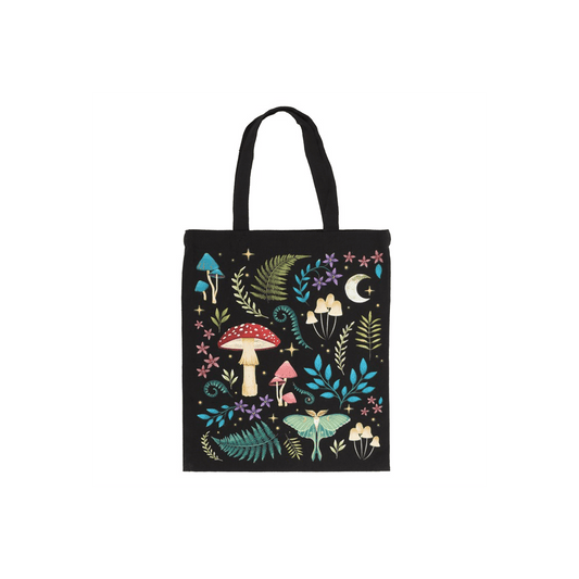 Dark Forest Print Polycotton Tote Bag featuring mystical mushrooms and plants on black canvas.
