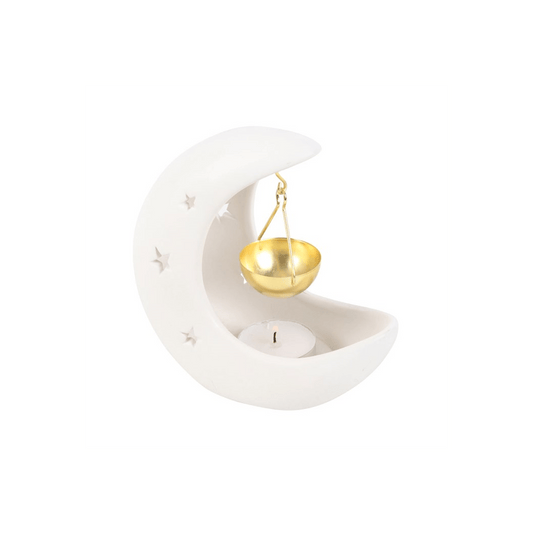 White Crescent Moon Oil Burner with Gold Dish